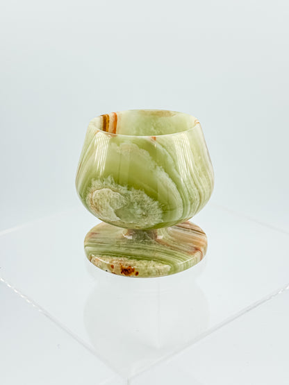 Green Banded Onyx Mini Goblet – Hand-Carved Stone, Tulip Bowl, Disc Base