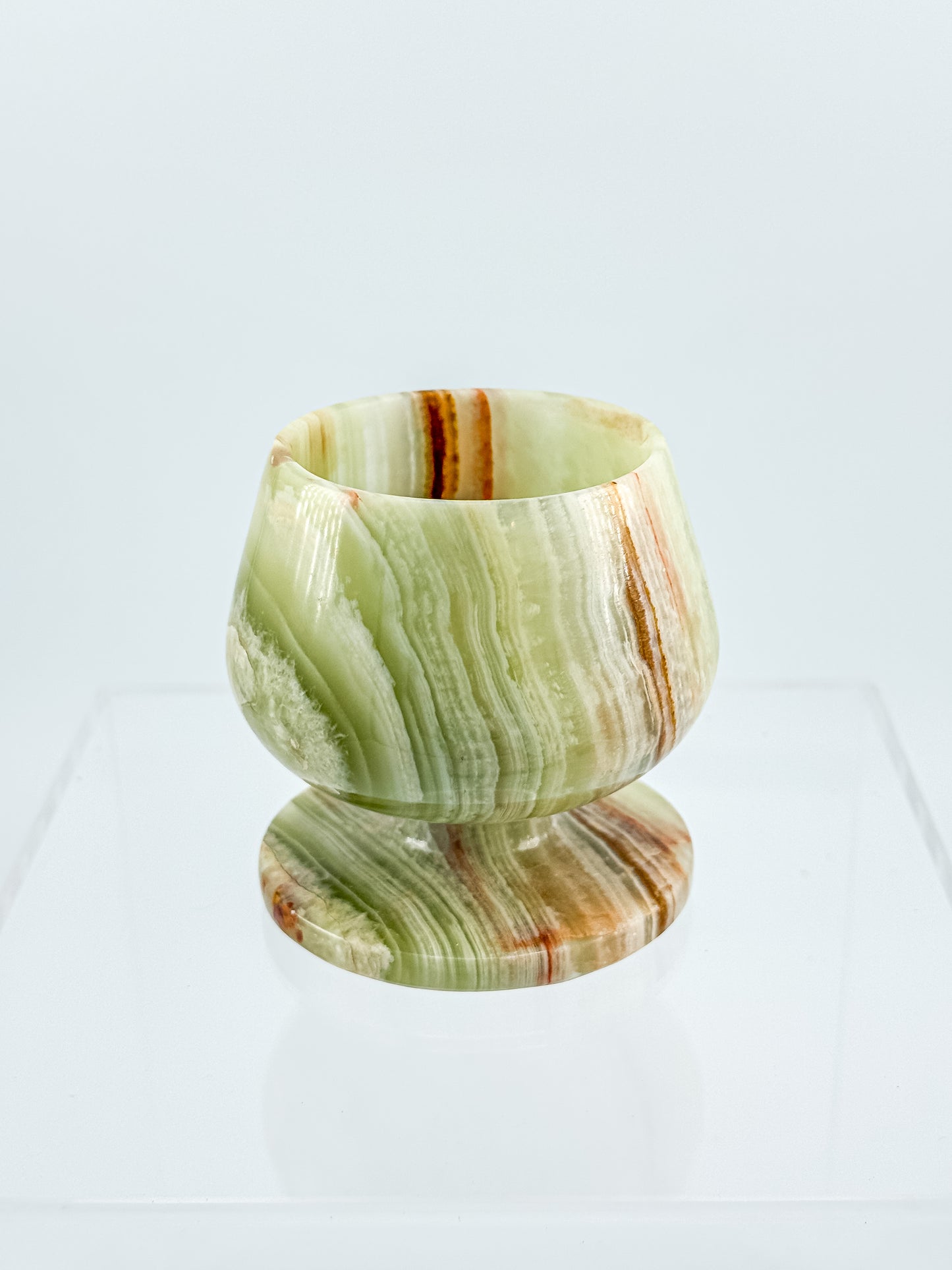 Green Banded Onyx Mini Goblet – Hand-Carved Stone, Tulip Bowl, Disc Base