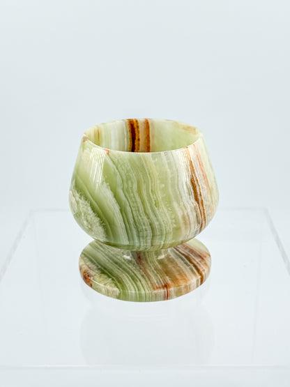 Green Banded Onyx Mini Goblet – Hand-Carved Stone, Tulip Bowl, Disc Base