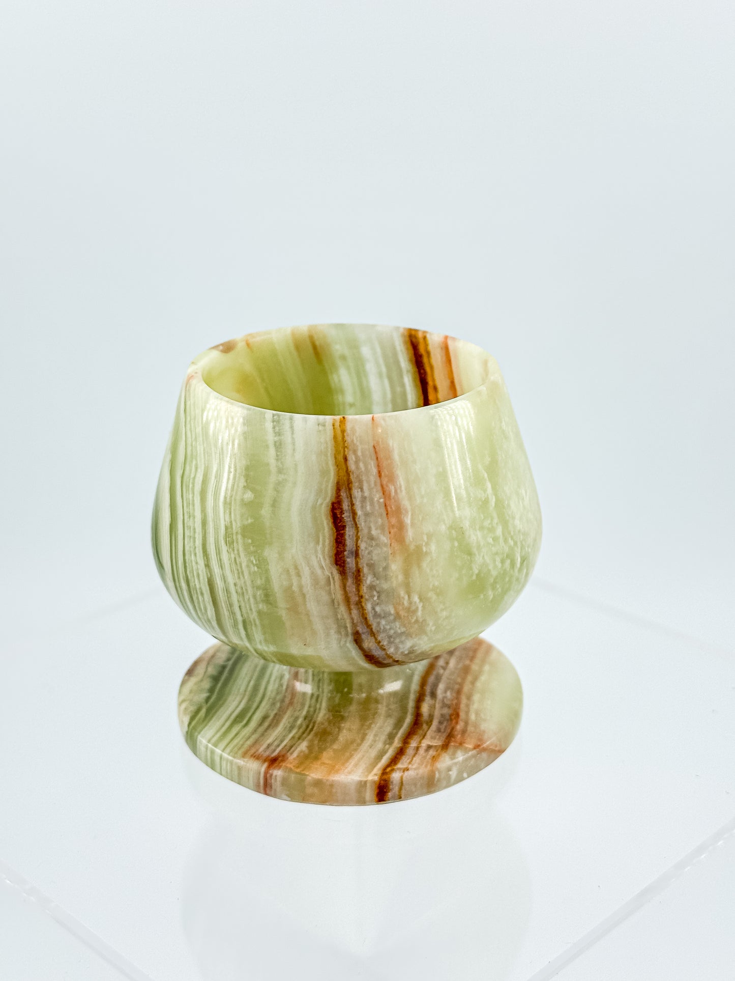 Green Banded Onyx Mini Goblet – Hand-Carved Stone, Tulip Bowl, Disc Base