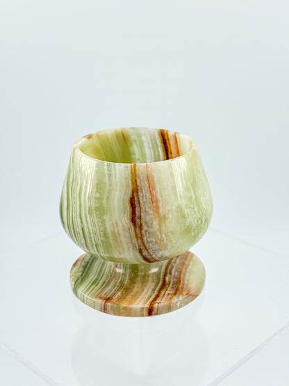 Green Banded Onyx Mini Goblet – Hand-Carved Stone, Tulip Bowl, Disc Base