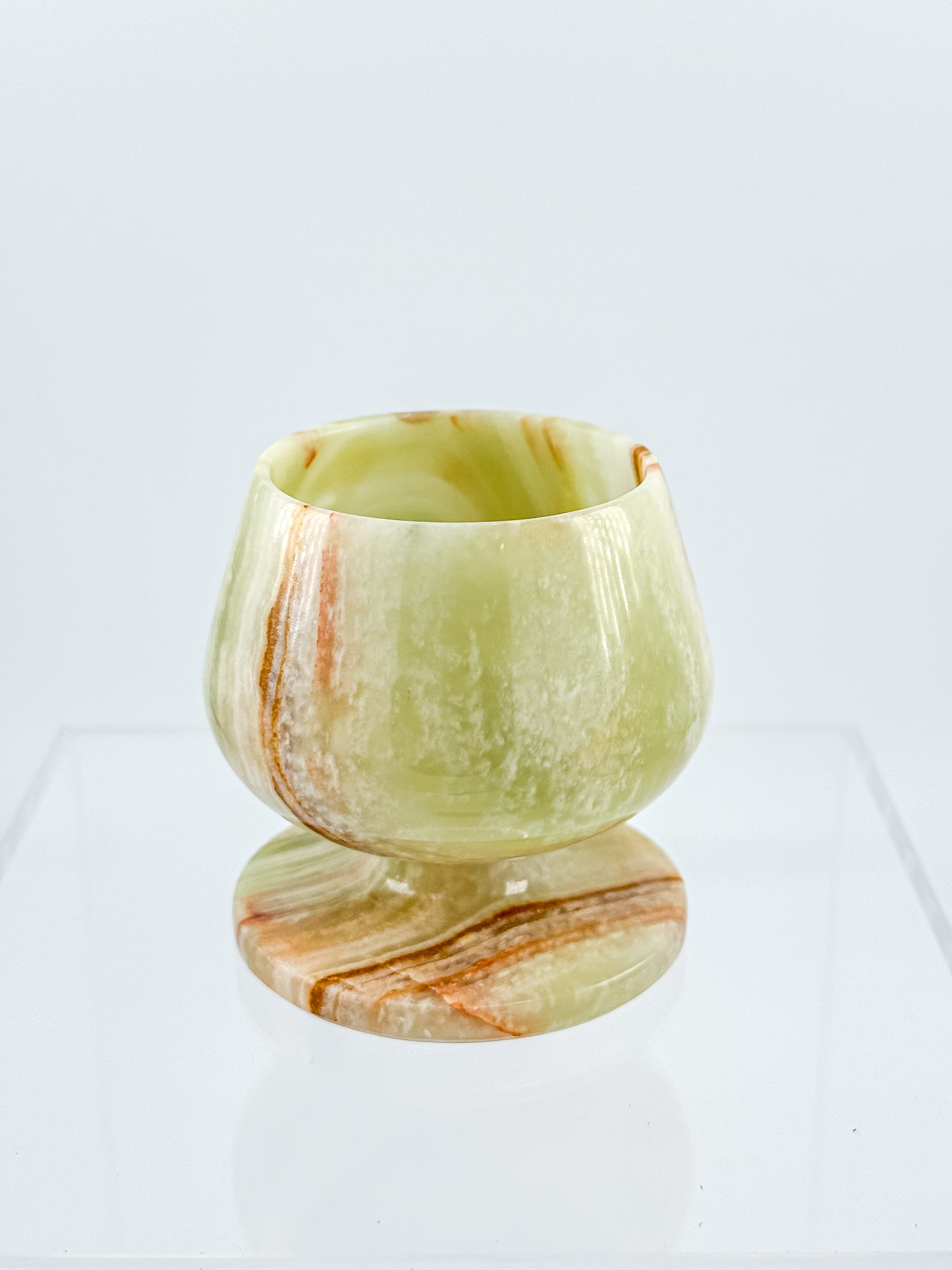 Green Banded Onyx Mini Goblet – Hand-Carved Stone, Tulip Bowl, Disc Base