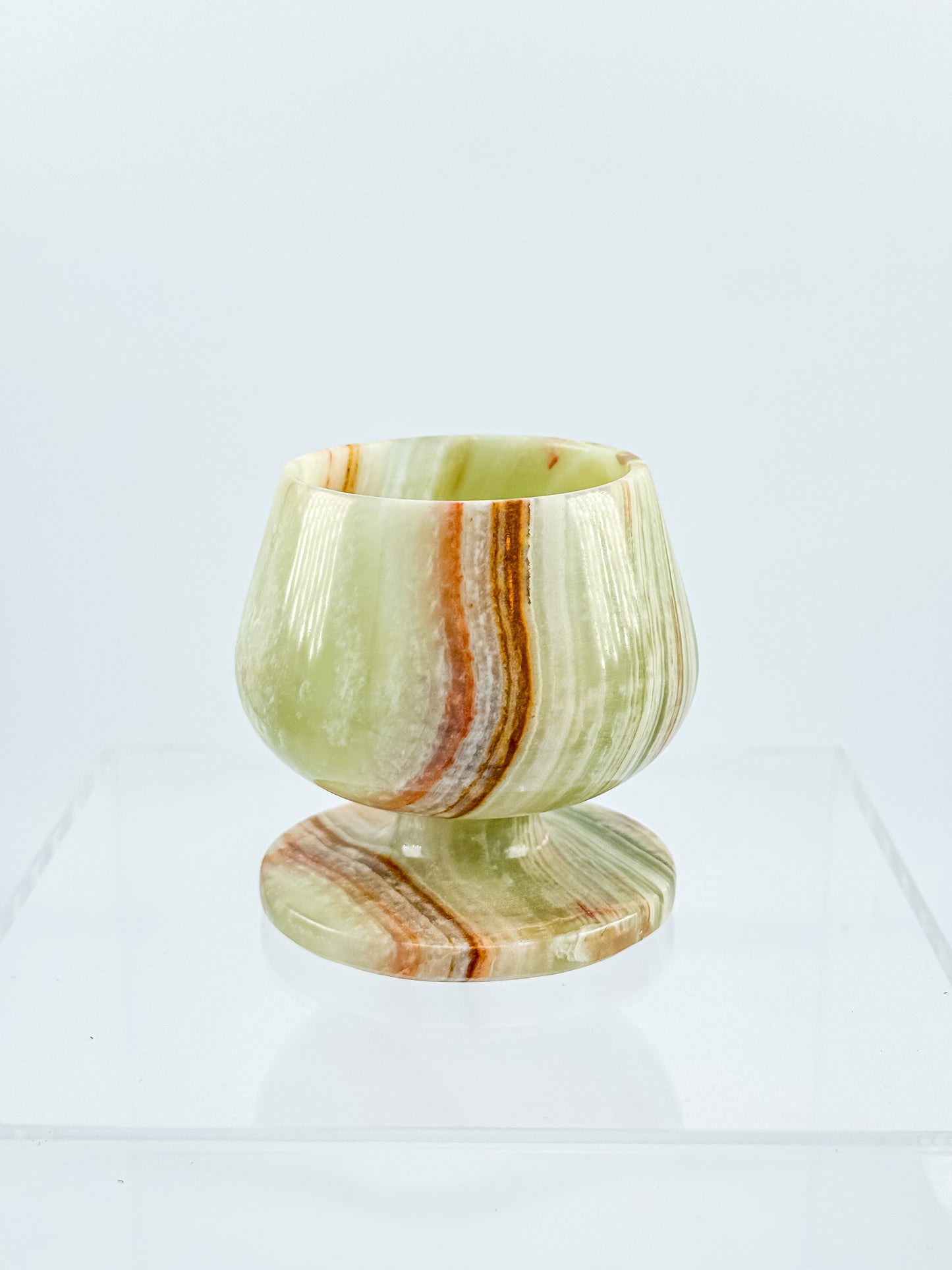 Green Banded Onyx Mini Goblet – Hand-Carved Stone, Tulip Bowl, Disc Base