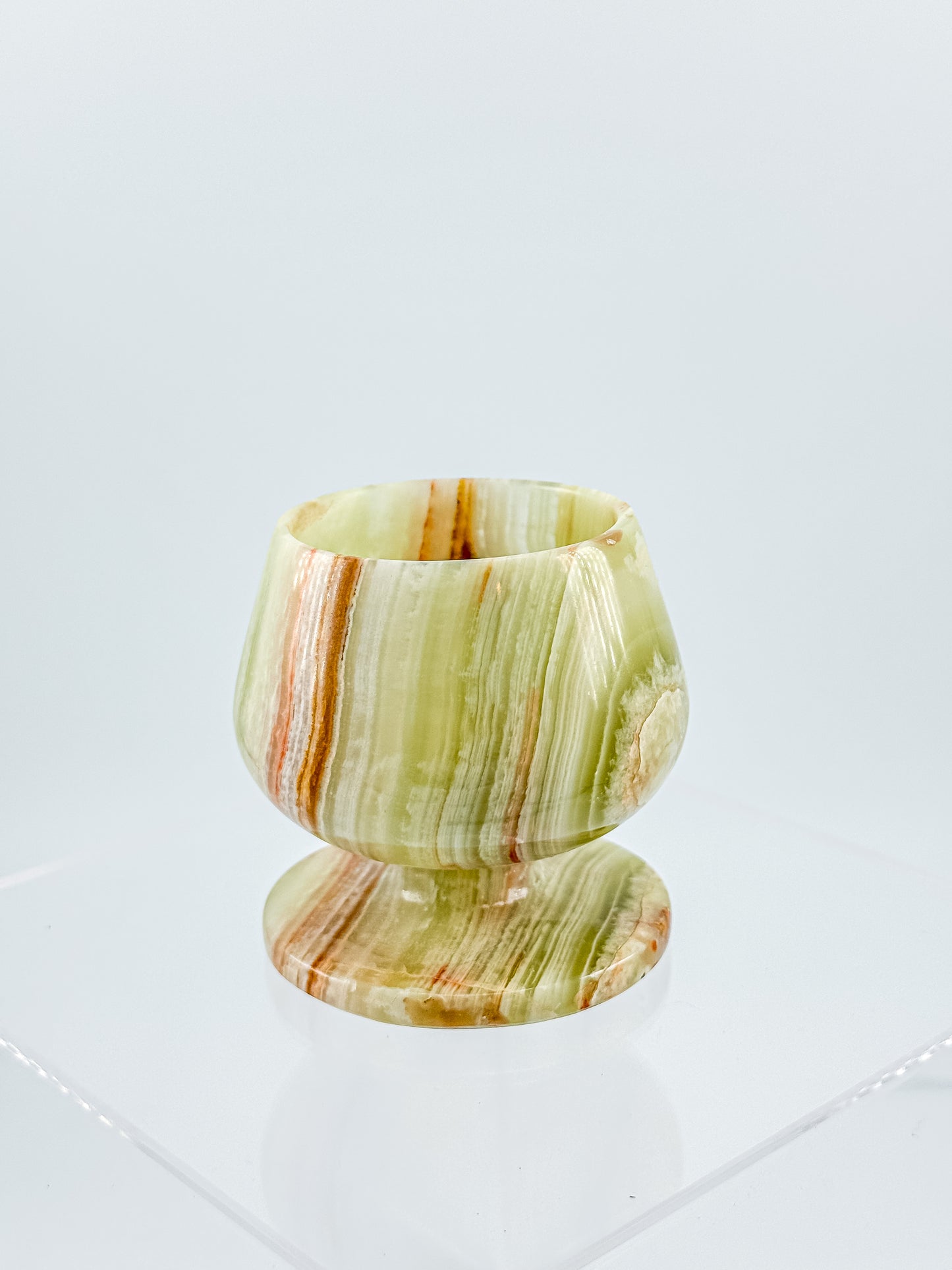Green Banded Onyx Mini Goblet – Hand-Carved Stone, Tulip Bowl, Disc Base