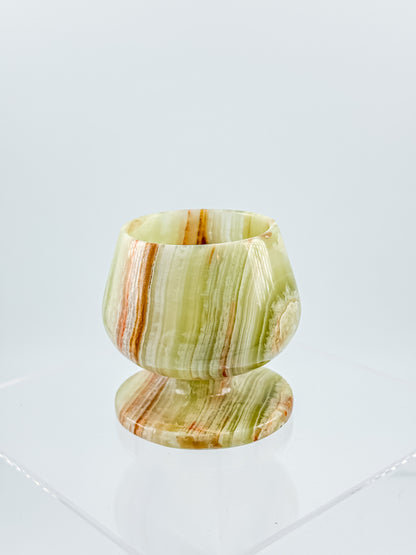 Green Banded Onyx Mini Goblet – Hand-Carved Stone, Tulip Bowl, Disc Base