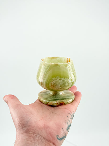 Green Banded Onyx Mini Goblet – Hand-Carved Stone, Tulip Bowl, Disc Base