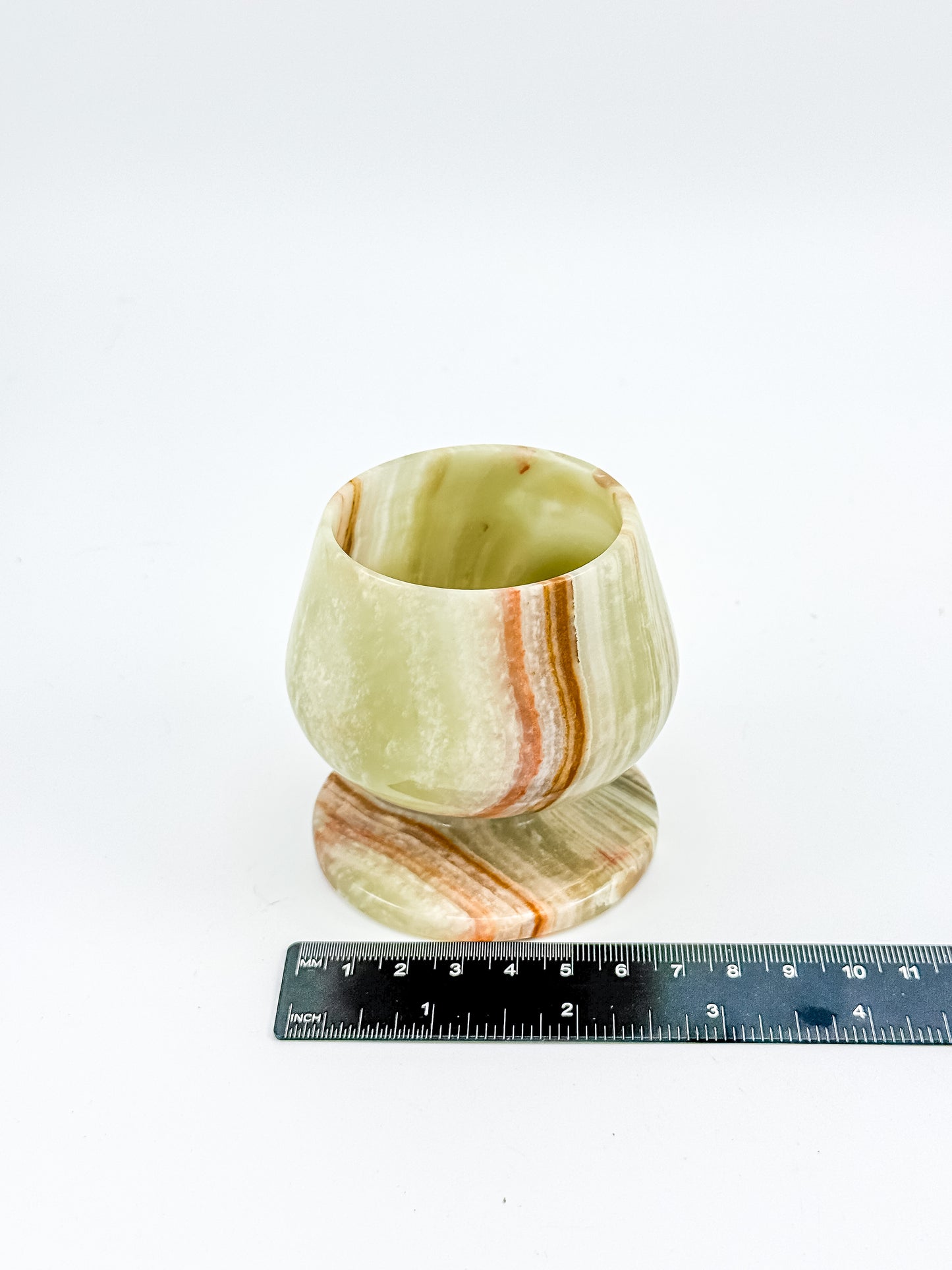 Green Banded Onyx Mini Goblet – Hand-Carved Stone, Tulip Bowl, Disc Base