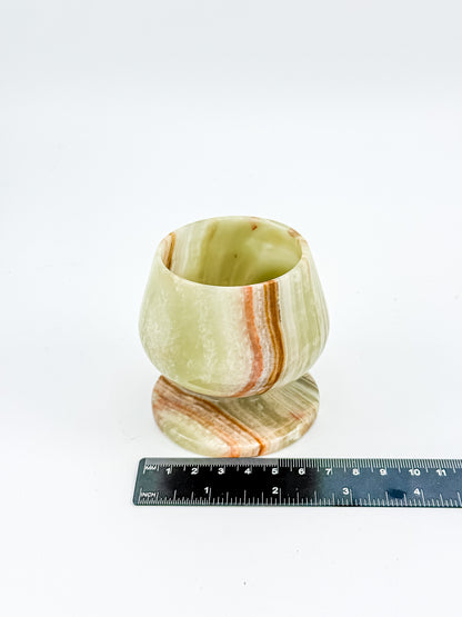 Green Banded Onyx Mini Goblet – Hand-Carved Stone, Tulip Bowl, Disc Base