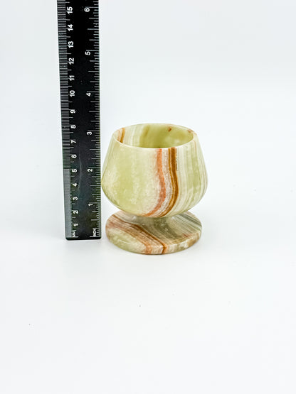 Green Banded Onyx Mini Goblet – Hand-Carved Stone, Tulip Bowl, Disc Base
