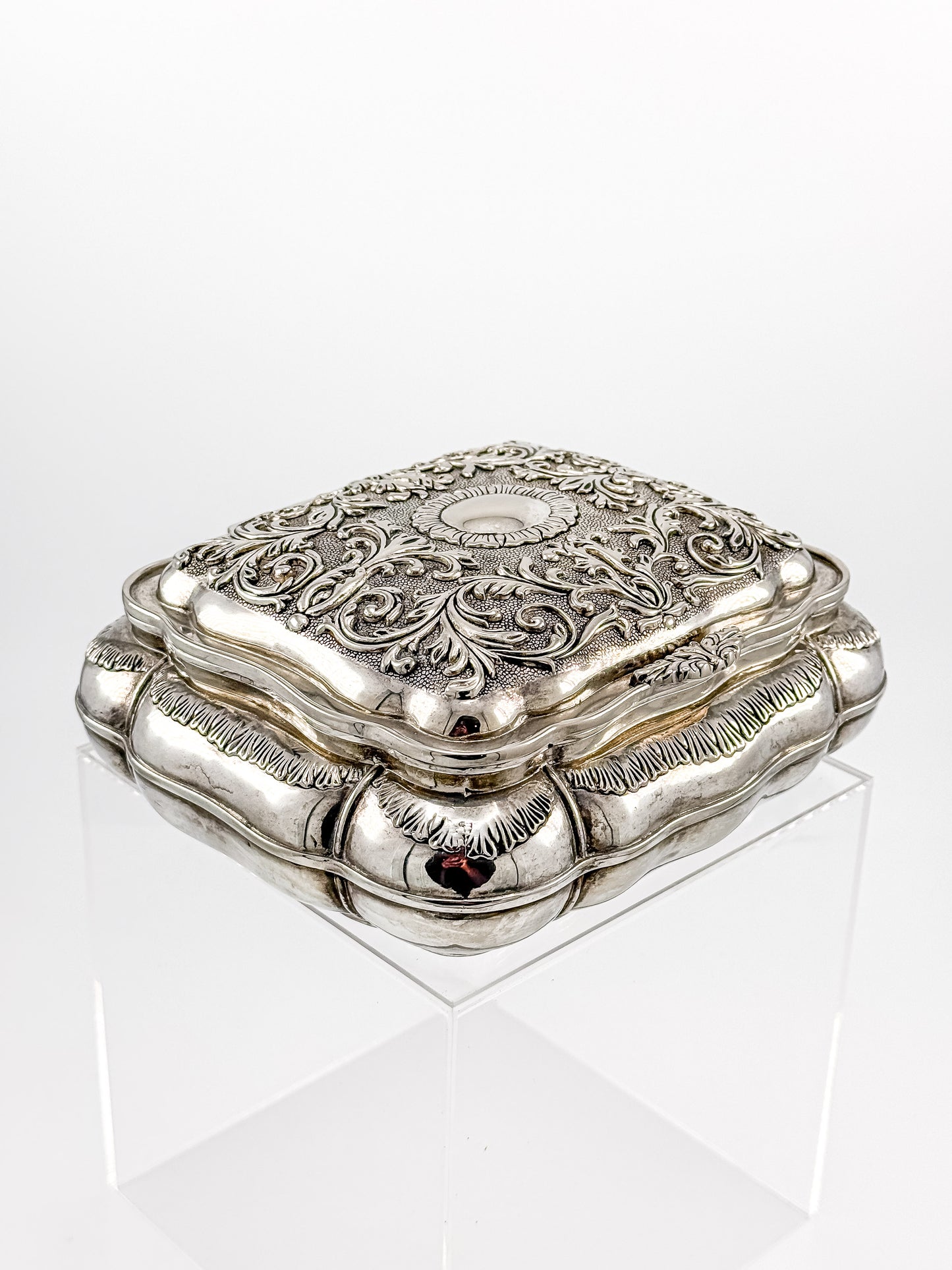 Vintage Ornate Silverplate Jewelry Casket Box | Red Velvet Lined Keepsake Vanity Box
