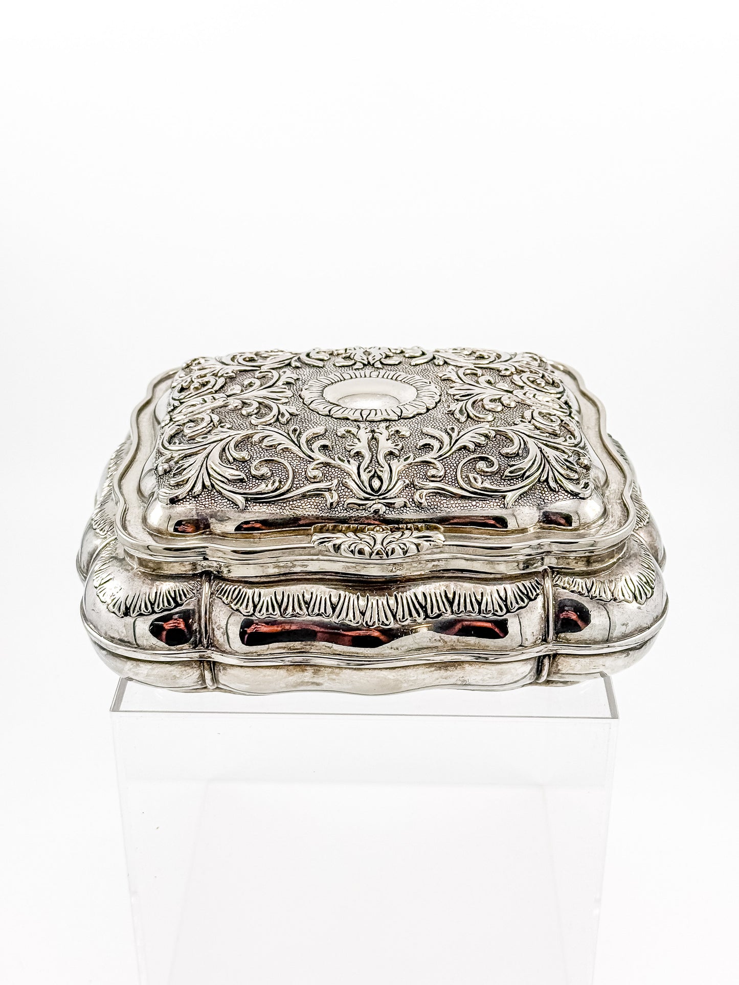 Vintage Ornate Silverplate Jewelry Casket Box | Red Velvet Lined Keepsake Vanity Box