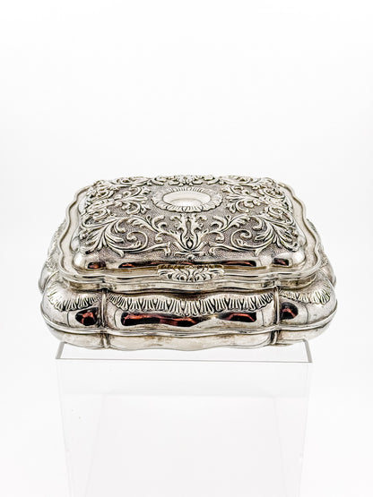 Vintage Ornate Silverplate Jewelry Casket Box | Red Velvet Lined Keepsake Vanity Box