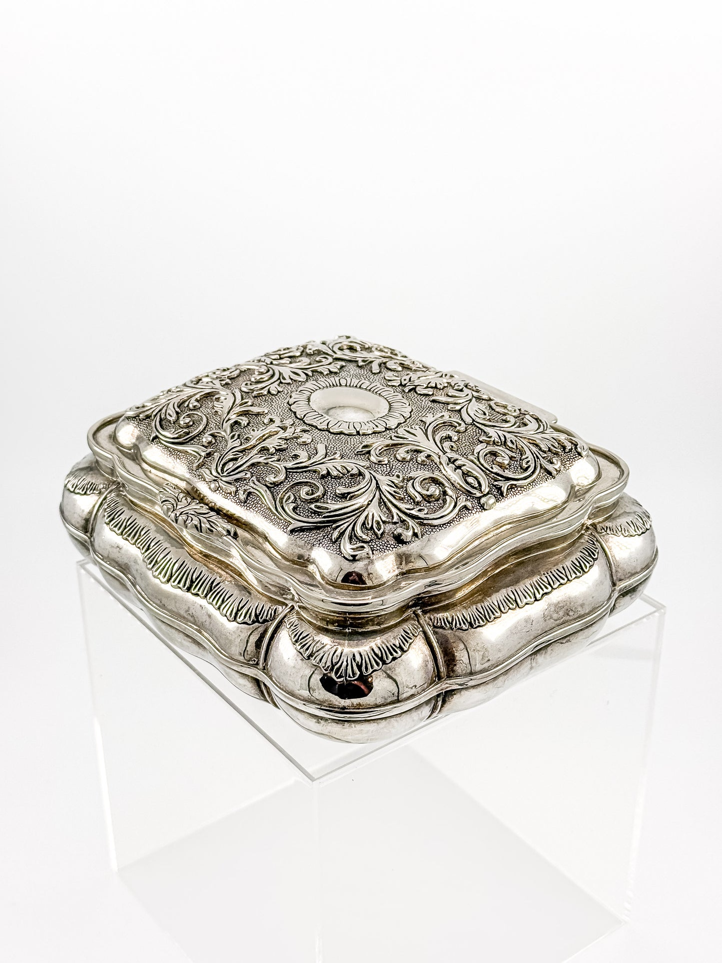 Vintage Ornate Silverplate Jewelry Casket Box | Red Velvet Lined Keepsake Vanity Box