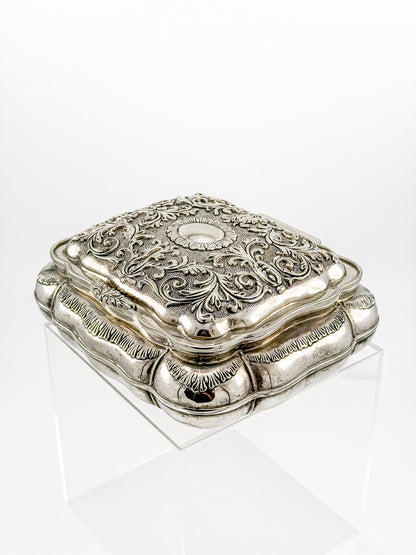 Vintage Ornate Silverplate Jewelry Casket Box | Red Velvet Lined Keepsake Vanity Box