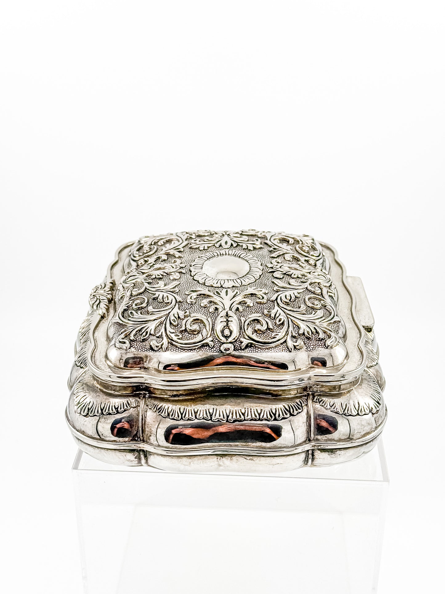 Vintage Ornate Silverplate Jewelry Casket Box | Red Velvet Lined Keepsake Vanity Box
