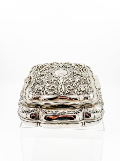Vintage Ornate Silverplate Jewelry Casket Box | Red Velvet Lined Keepsake Vanity Box