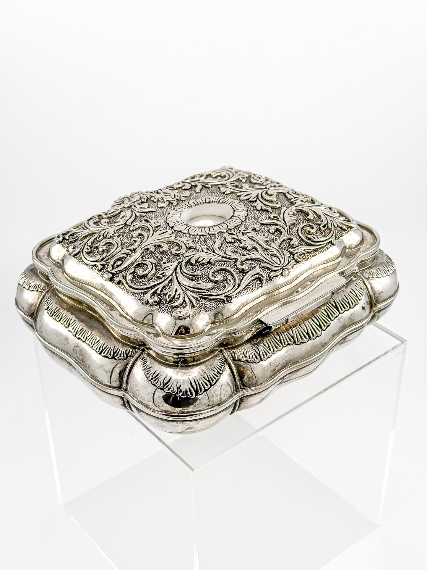 Vintage Ornate Silverplate Jewelry Casket Box | Red Velvet Lined Keepsake Vanity Box
