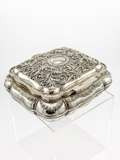 Vintage Ornate Silverplate Jewelry Casket Box | Red Velvet Lined Keepsake Vanity Box