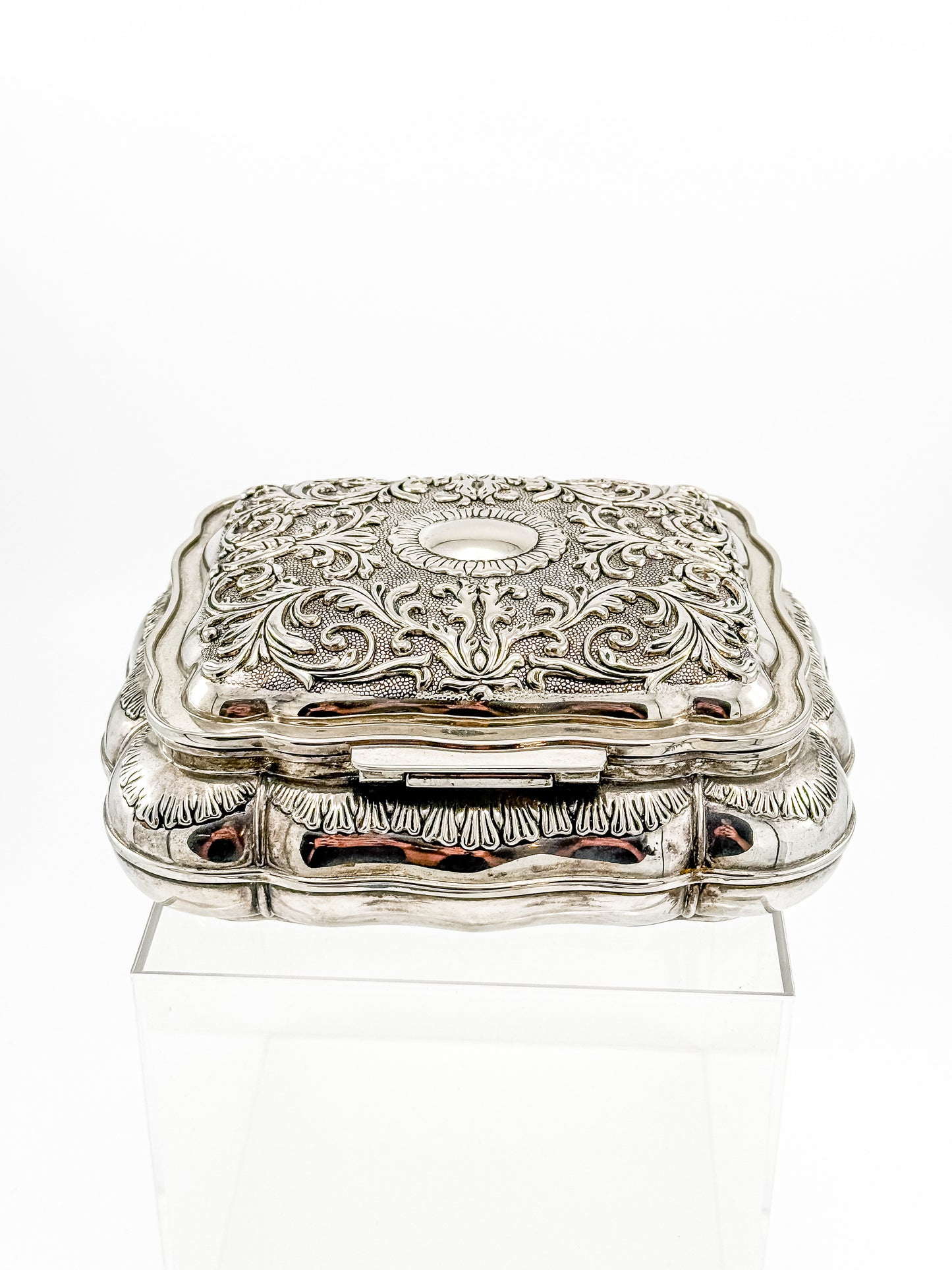 Vintage Ornate Silverplate Jewelry Casket Box | Red Velvet Lined Keepsake Vanity Box