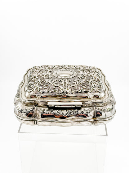 Vintage Ornate Silverplate Jewelry Casket Box | Red Velvet Lined Keepsake Vanity Box