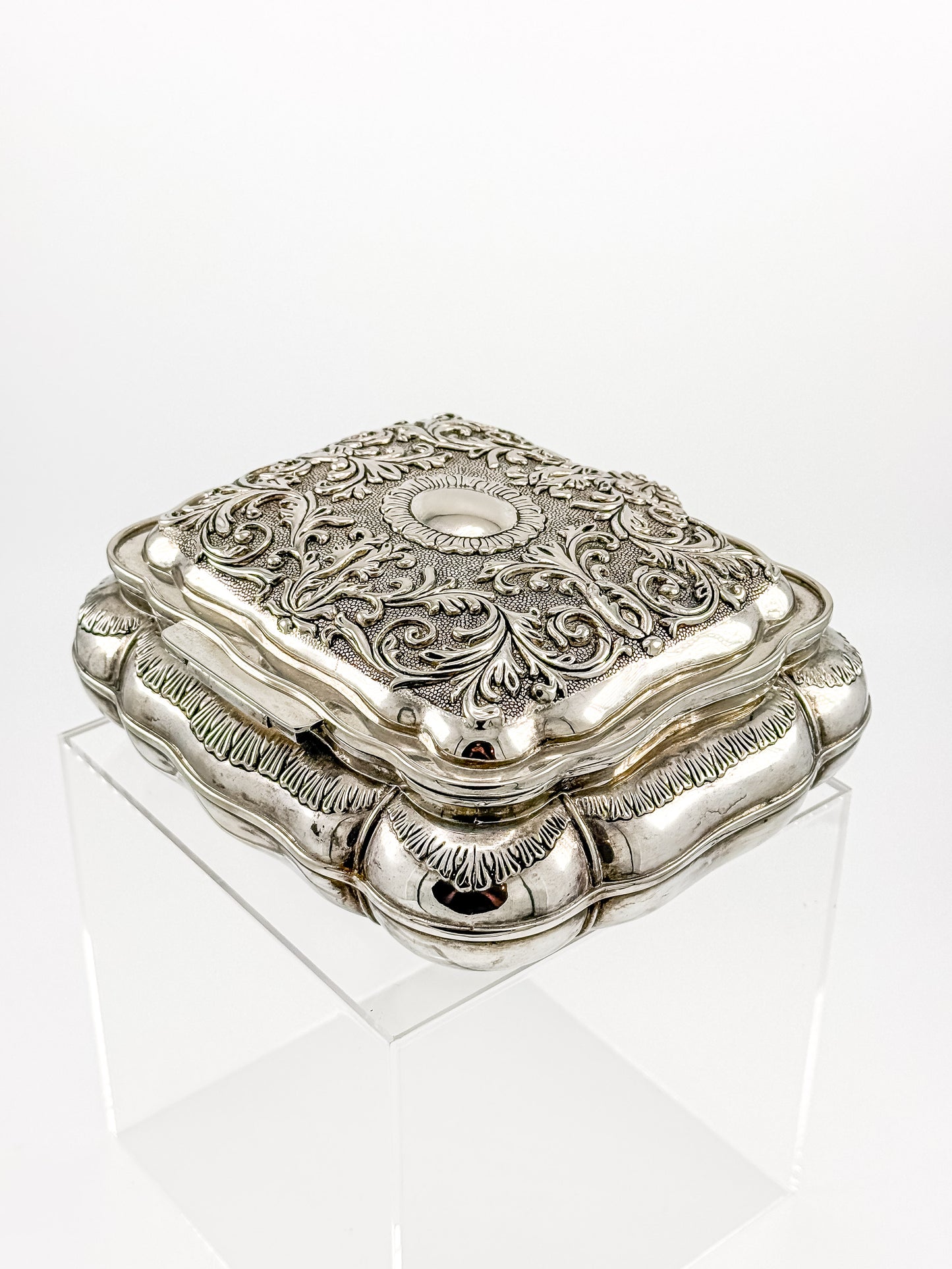 Vintage Ornate Silverplate Jewelry Casket Box | Red Velvet Lined Keepsake Vanity Box