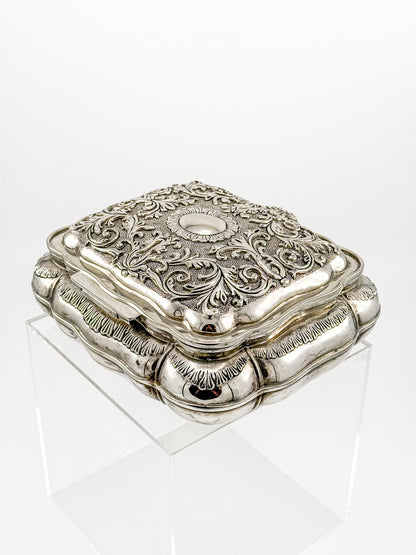 Vintage Ornate Silverplate Jewelry Casket Box | Red Velvet Lined Keepsake Vanity Box