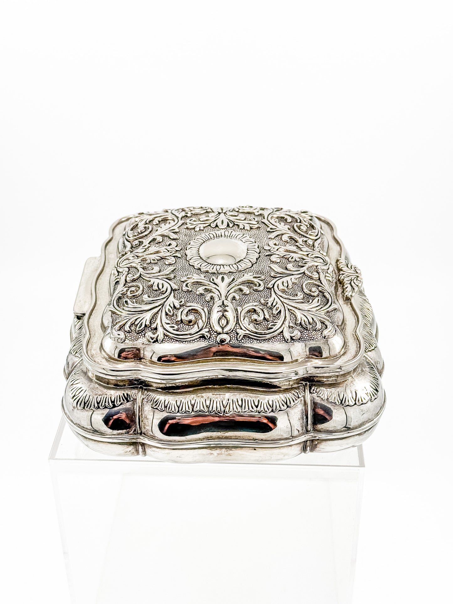 Vintage Ornate Silverplate Jewelry Casket Box | Red Velvet Lined Keepsake Vanity Box