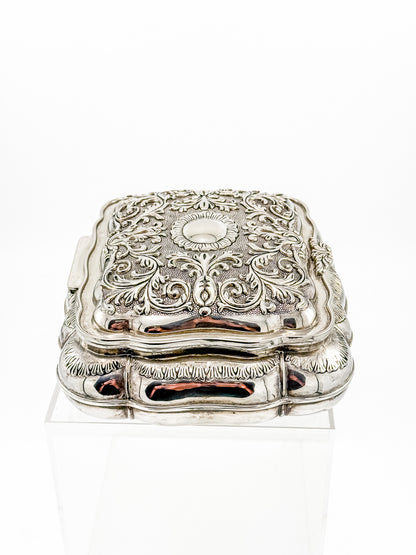Vintage Ornate Silverplate Jewelry Casket Box | Red Velvet Lined Keepsake Vanity Box