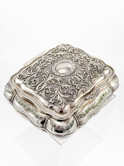 Vintage Ornate Silverplate Jewelry Casket Box | Red Velvet Lined Keepsake Vanity Box