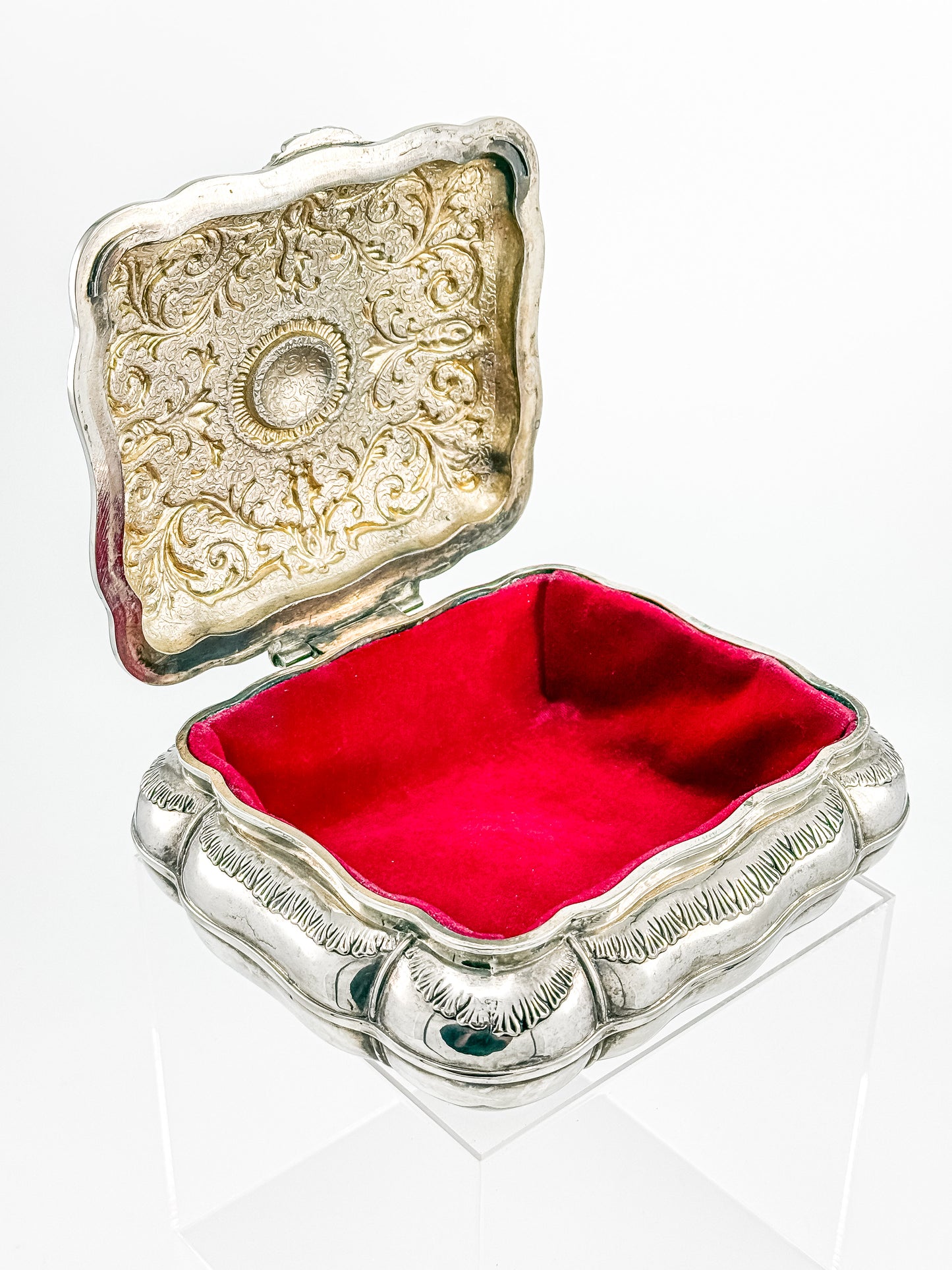 Vintage Ornate Silverplate Jewelry Casket Box | Red Velvet Lined Keepsake Vanity Box