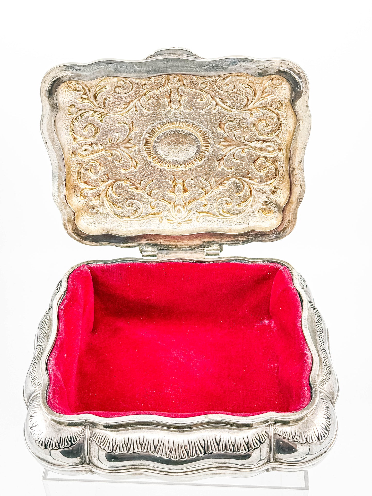 Vintage Ornate Silverplate Jewelry Casket Box | Red Velvet Lined Keepsake Vanity Box