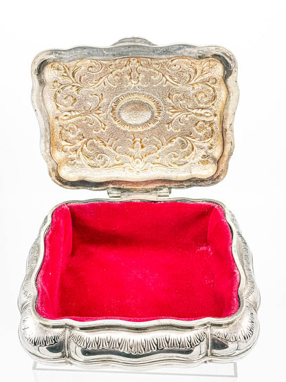 Vintage Ornate Silverplate Jewelry Casket Box | Red Velvet Lined Keepsake Vanity Box