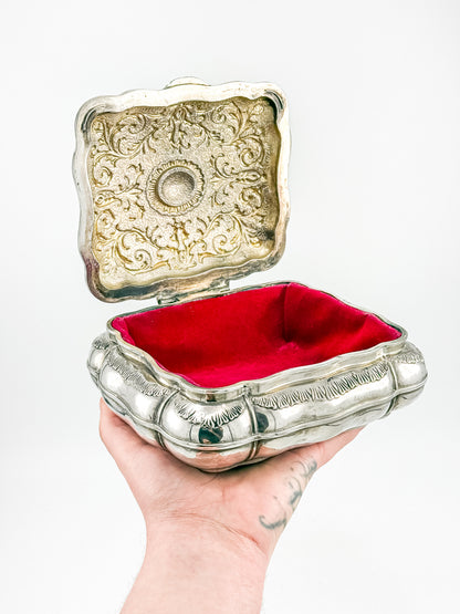 Vintage Ornate Silverplate Jewelry Casket Box | Red Velvet Lined Keepsake Vanity Box