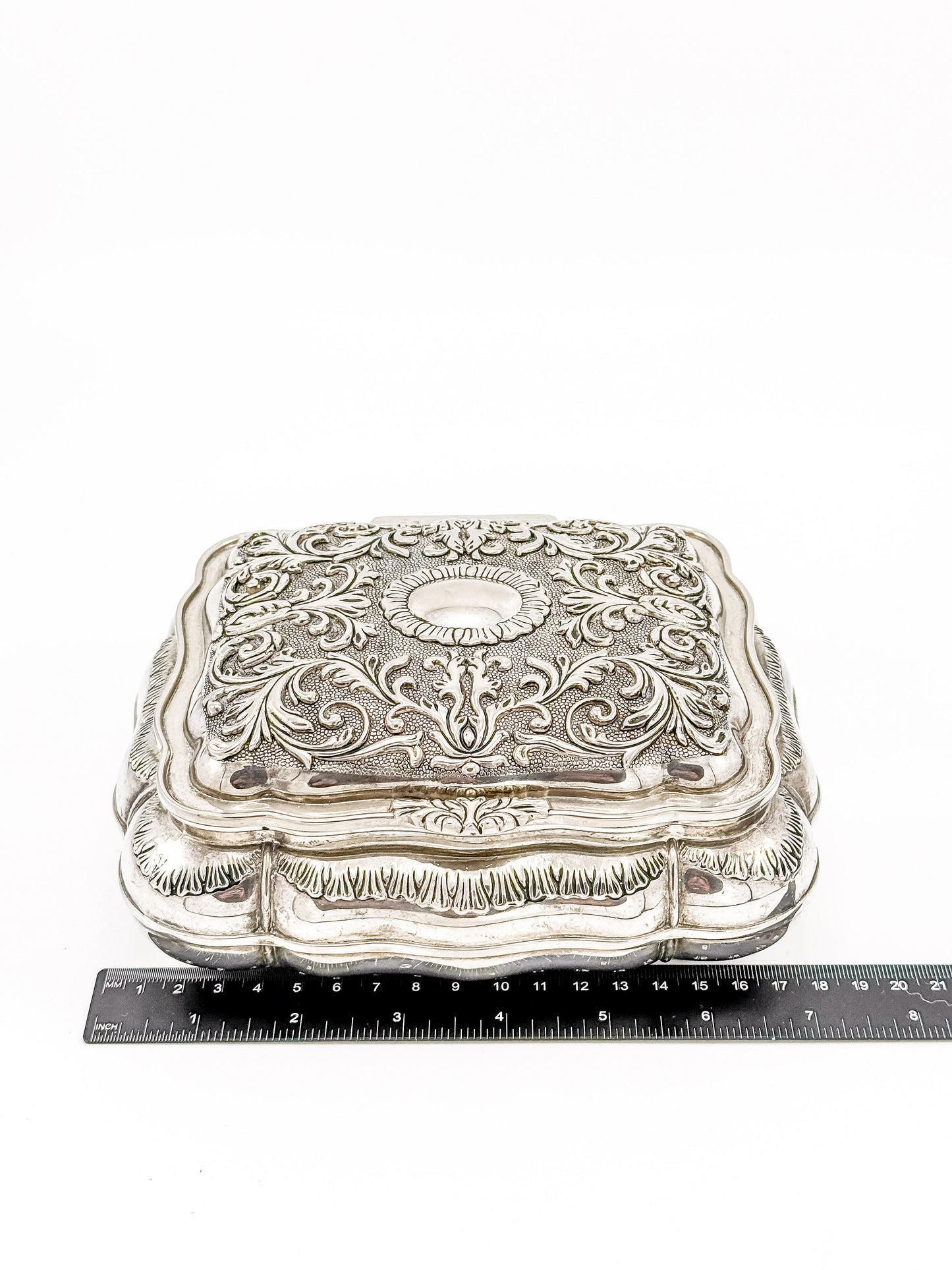 Vintage Ornate Silverplate Jewelry Casket Box | Red Velvet Lined Keepsake Vanity Box