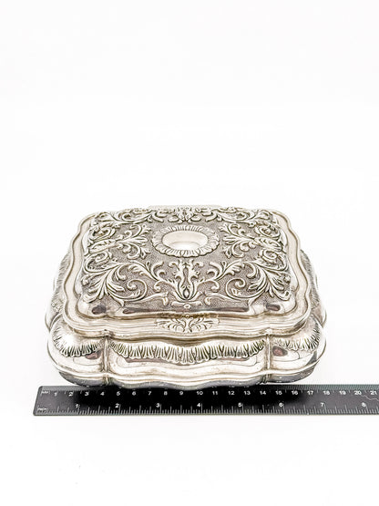 Vintage Ornate Silverplate Jewelry Casket Box | Red Velvet Lined Keepsake Vanity Box