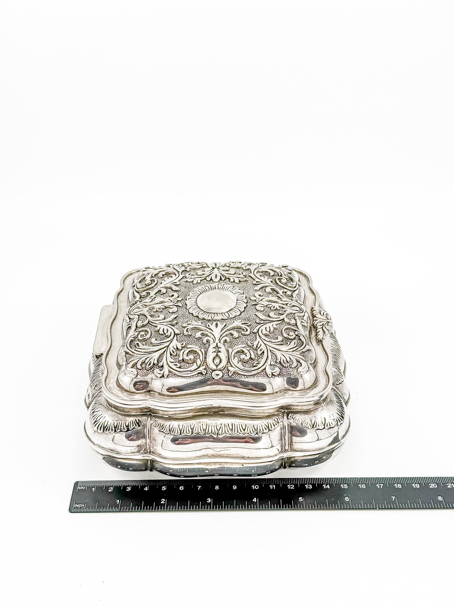 Vintage Ornate Silverplate Jewelry Casket Box | Red Velvet Lined Keepsake Vanity Box