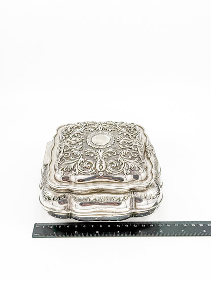 Vintage Ornate Silverplate Jewelry Casket Box | Red Velvet Lined Keepsake Vanity Box