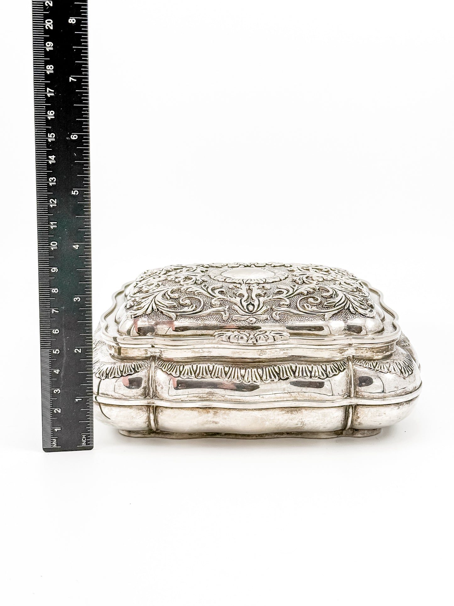 Vintage Ornate Silverplate Jewelry Casket Box | Red Velvet Lined Keepsake Vanity Box