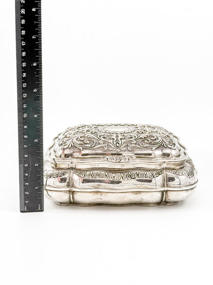 Vintage Ornate Silverplate Jewelry Casket Box | Red Velvet Lined Keepsake Vanity Box
