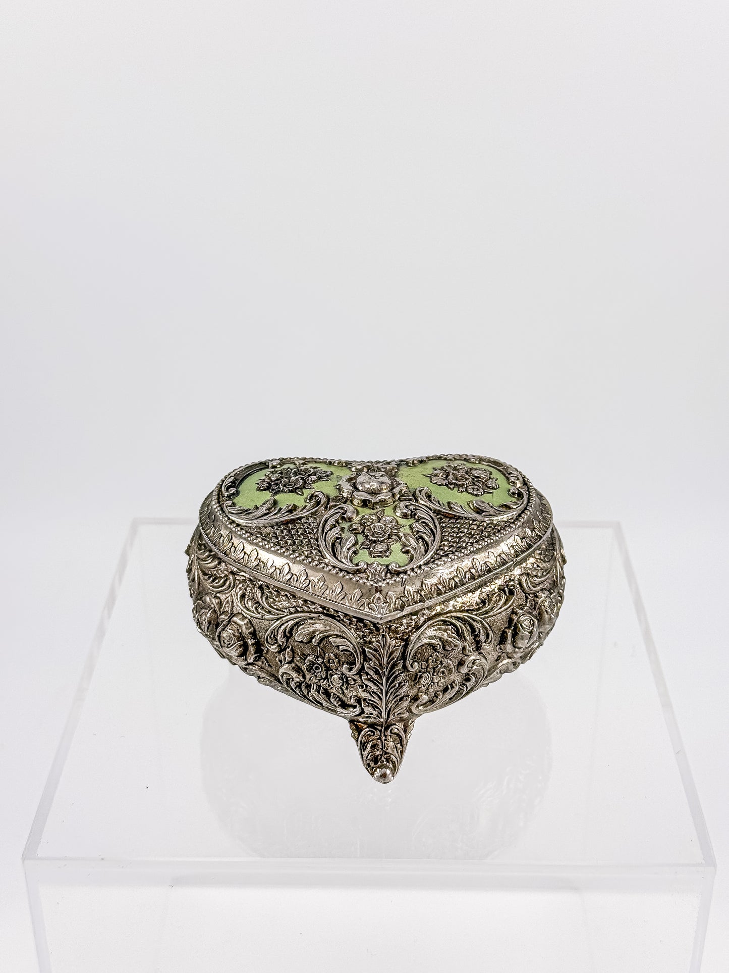 Vintage Silver Plated Embossed Heart Shaped Jewelry Or Trinket Box