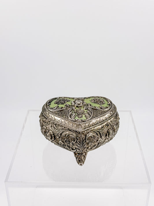 Vintage Silver Plated Embossed Heart Shaped Jewelry Or Trinket Box