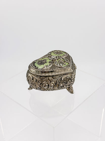 Vintage Silver Plated Embossed Heart Shaped Jewelry Or Trinket Box