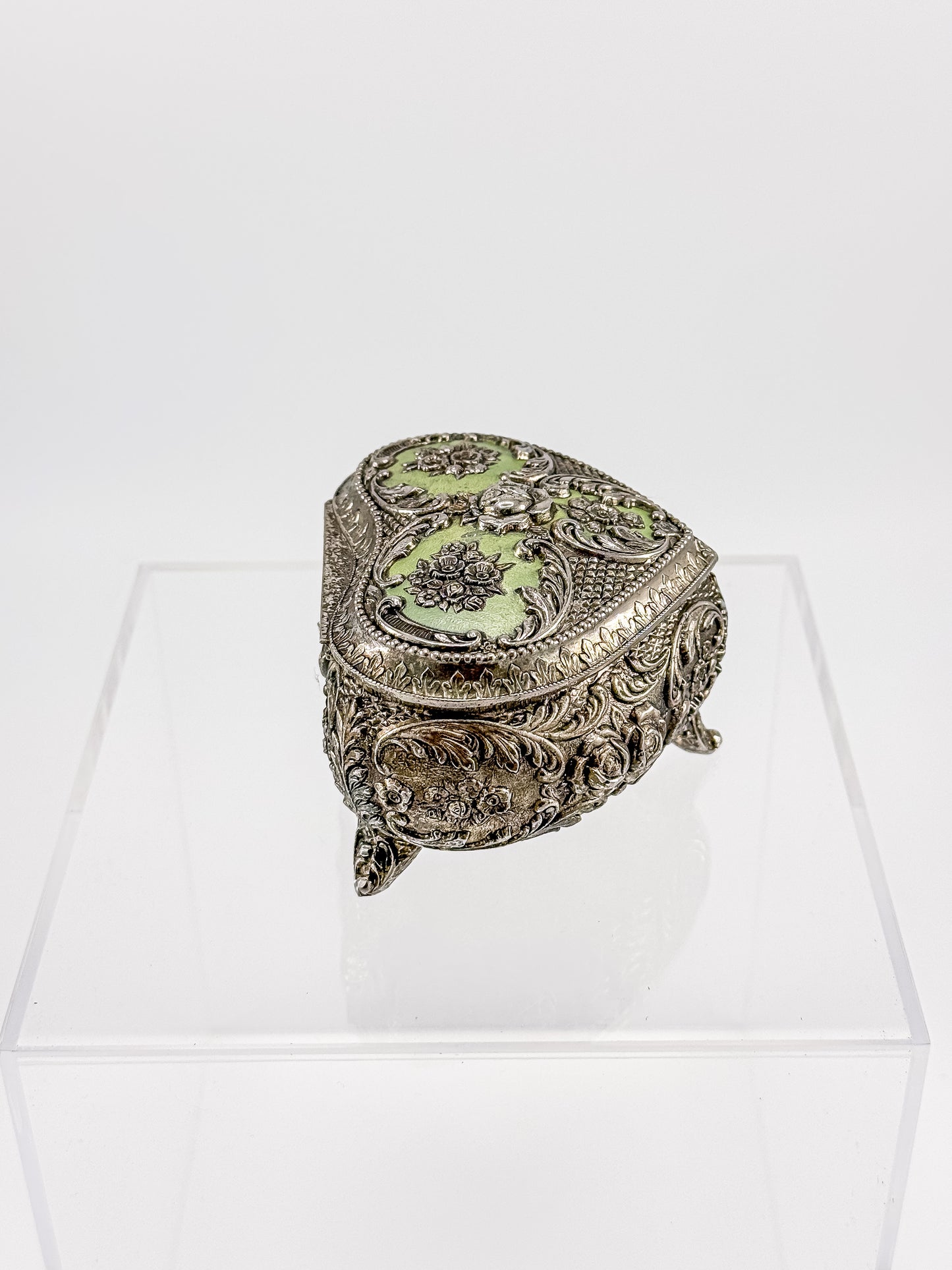 Vintage Silver Plated Embossed Heart Shaped Jewelry Or Trinket Box