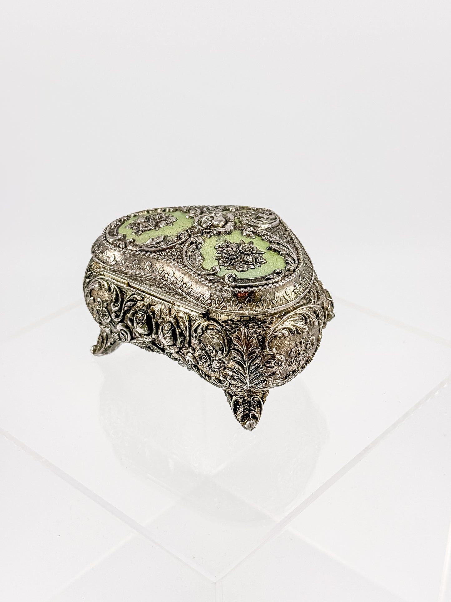 Vintage Silver Plated Embossed Heart Shaped Jewelry Or Trinket Box