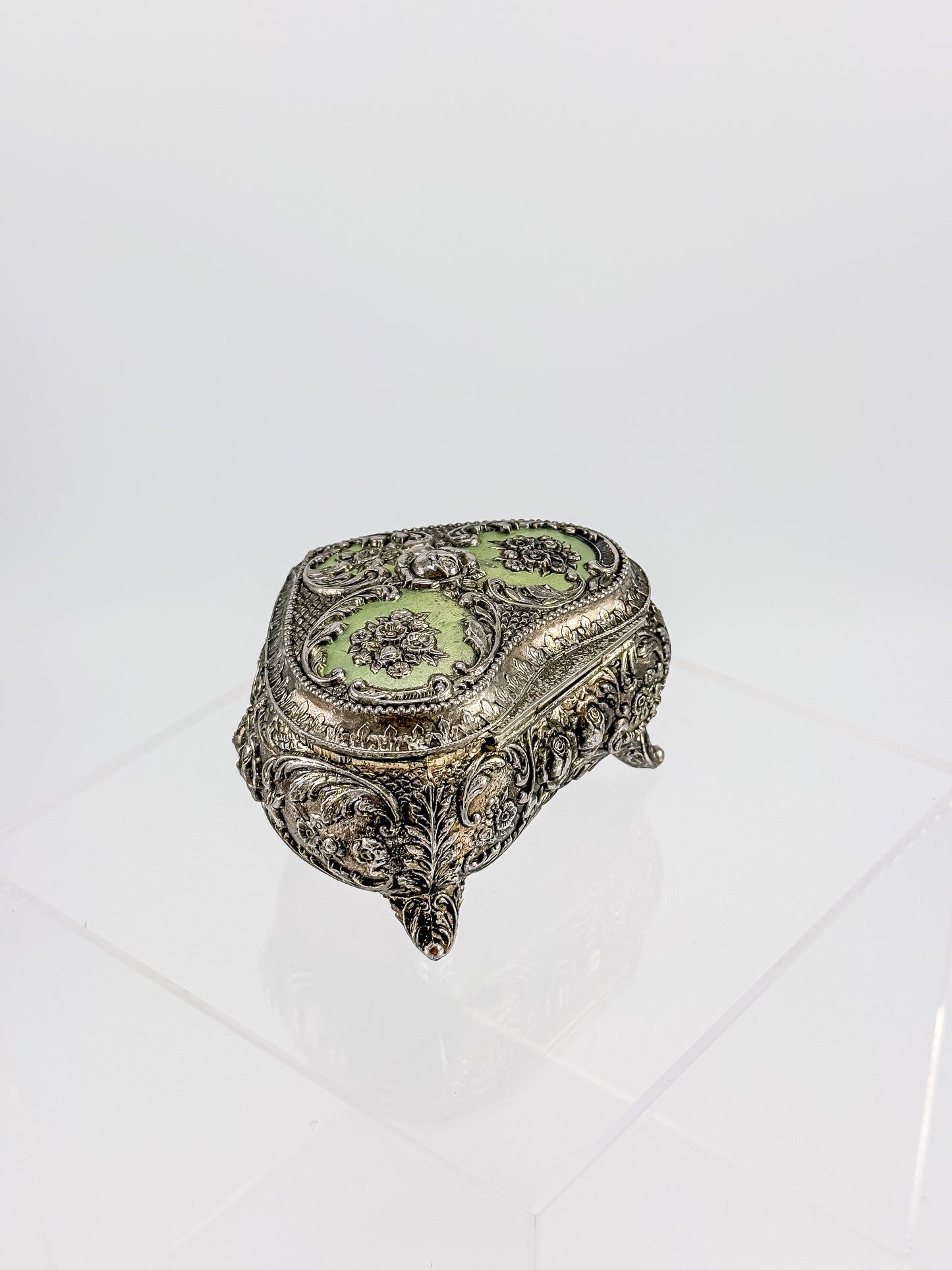 Vintage Silver Plated Embossed Heart Shaped Jewelry Or Trinket Box