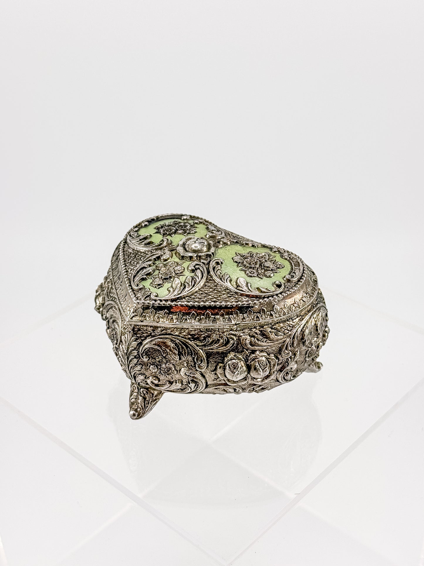 Vintage Silver Plated Embossed Heart Shaped Jewelry Or Trinket Box