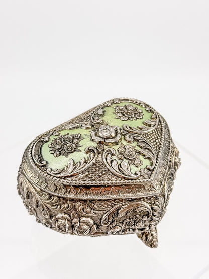 Vintage Silver Plated Embossed Heart Shaped Jewelry Or Trinket Box