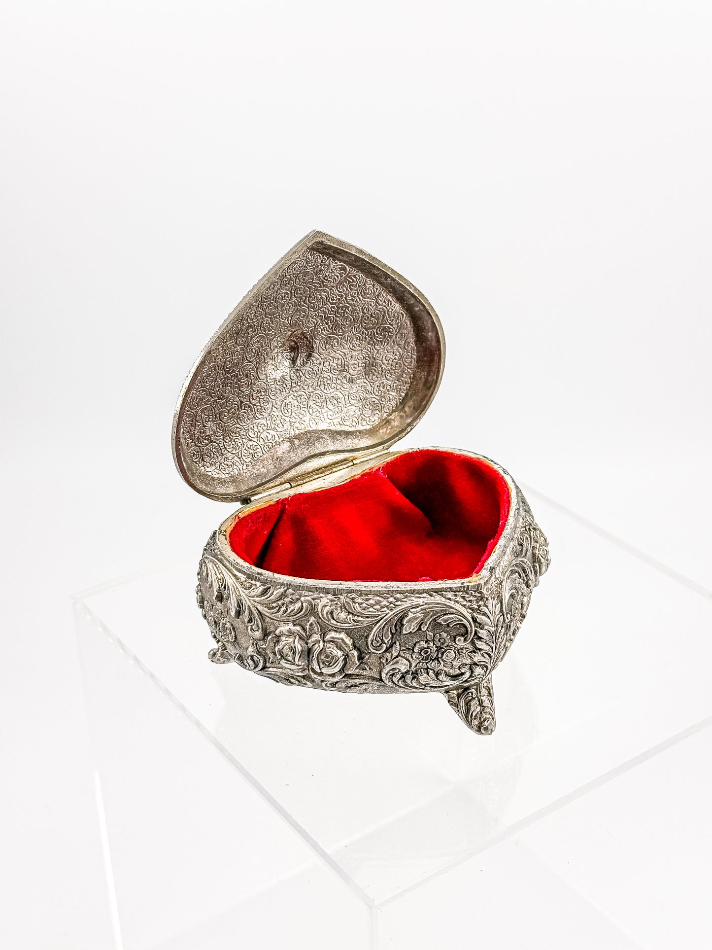 Vintage Silver Plated Embossed Heart Shaped Jewelry Or Trinket Box