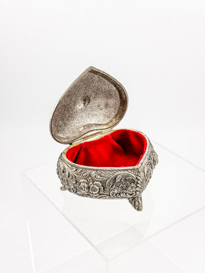 Vintage Silver Plated Embossed Heart Shaped Jewelry Or Trinket Box