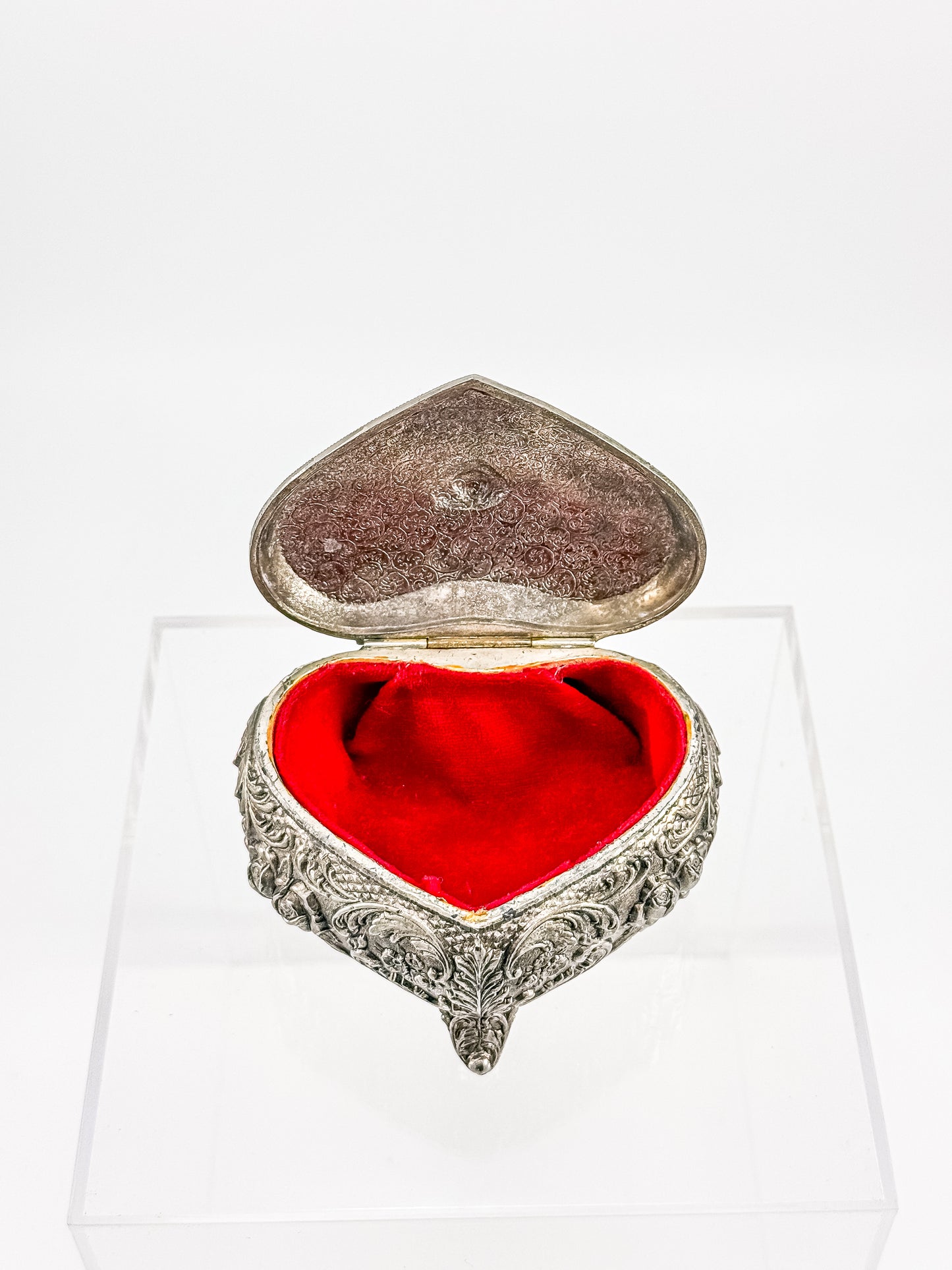 Vintage Silver Plated Embossed Heart Shaped Jewelry Or Trinket Box